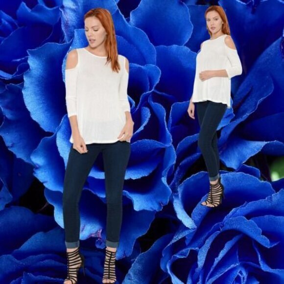 Heart & Hips Women's Ivory‎ Cold Shoulder Blouse Size Large - Picture 3 of 9